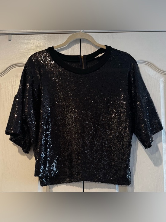 POL Tops - POL Black Sequin Short Ruffle Sleeve Blouse - Size S